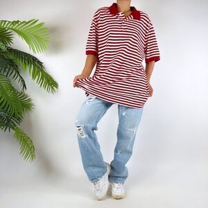 Vintage 90s Indie Grunge Red Striped Short Sleeve Oversized Polo Shirt / Sz: XL